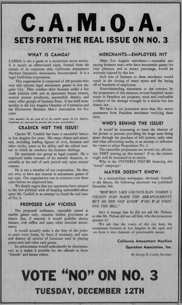 "CAMOA on No. 3" The Los Angeles Times, December 11, 1939