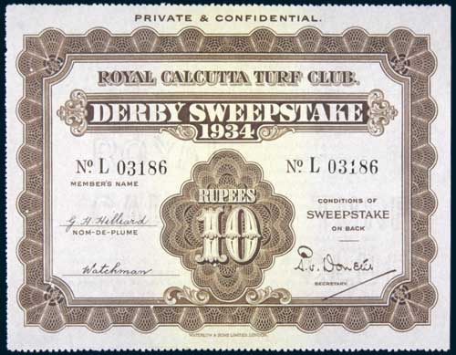 Calcutta Derby Sweepstake Ticket 1934