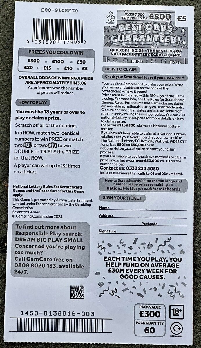 скретч-карта — National Lottery scratchcard, reverse side, Gillingham, Kent, England